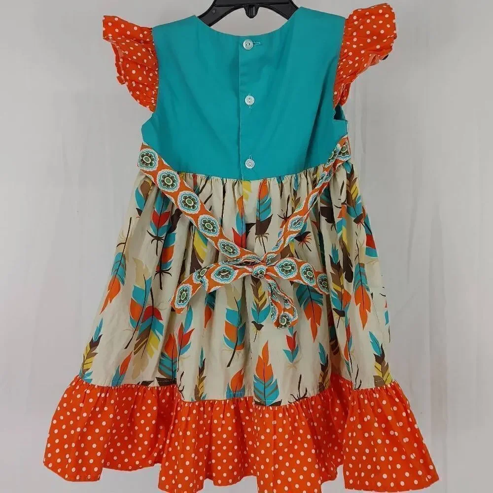 Eleanor Rose Feather Dress Turquoise Orange Polka Dot Toddler Girls Size 2T.